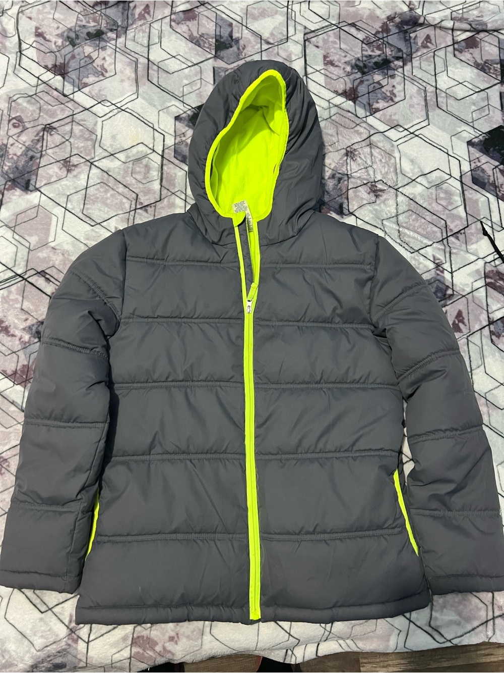 Faded Glory Gray Puffer Jacket with Neon Yellow Trim